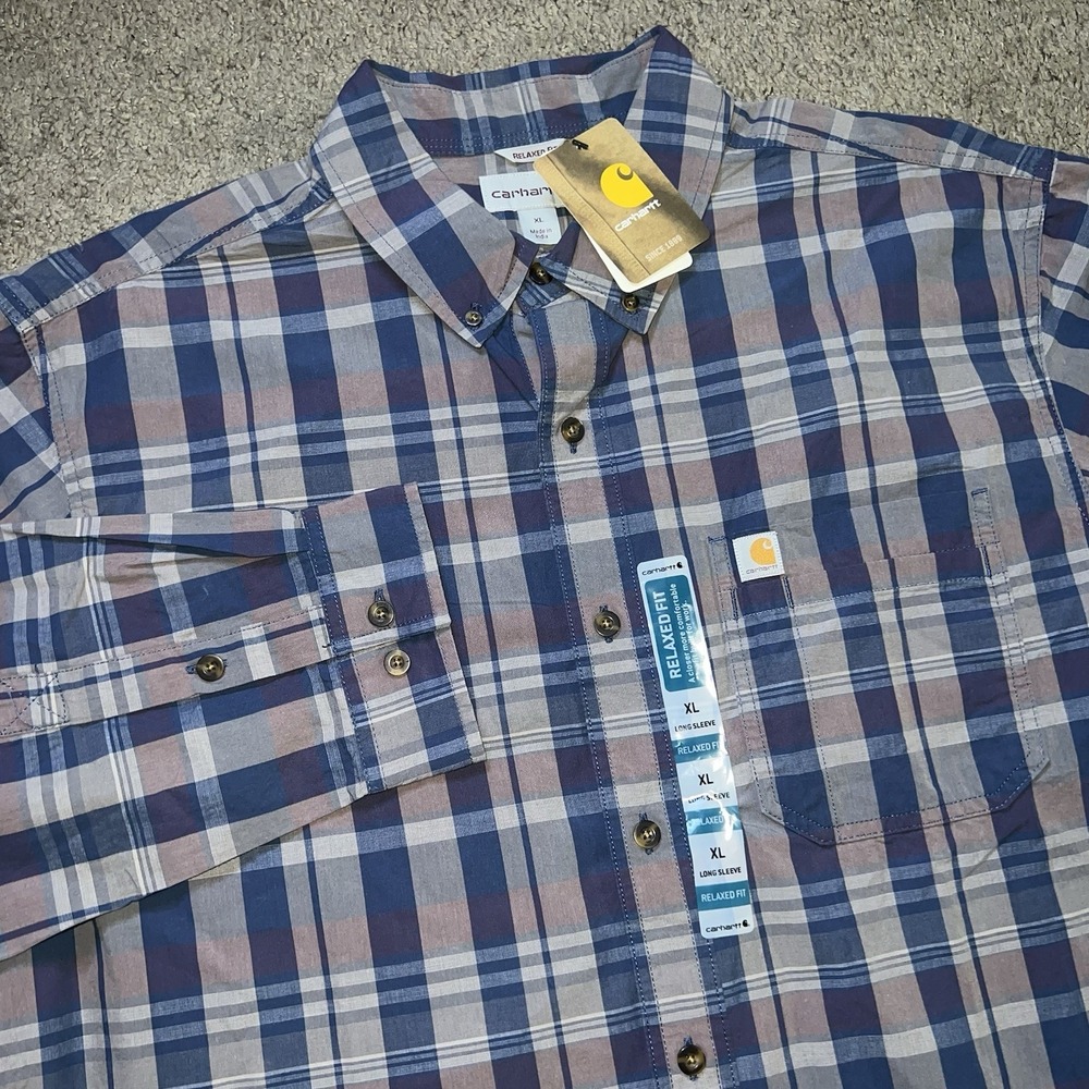 NWT Carhartt Men's Relaxed Fit Button Down Long Sleeve Shirt Blue Plaid XL